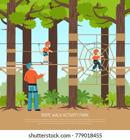 Rope walk activity children park composition with view of forest playground with children and adult couch vector illustration