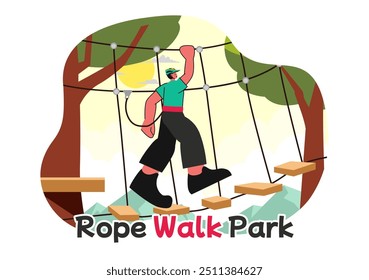 Rope Walk Park Vektorgrafik einer Abenteueraktivität für Kinder Klettern Seile in der Höhe, Überwindung von Hindernissen mit sicherer Ausrüstung