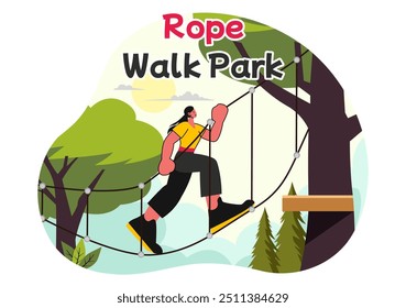 Rope Walk Park Vector Illustration of an Adventure Activity for Children Climbing Ropes at Height, Overcoming Obstacles with Safe Equipment