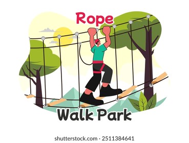 Ilustración vectorial de una actividad de aventura para niños escalando cuerdas en altura, superando obstáculos con equipo seguro