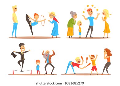 Rope walker and magician performing before happy people. Circus or street actors set of colorful cartoon detailed vector Illustrations