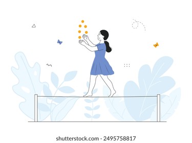 Rope walker woman. Young girl walks along rope and juggles balls. Acrobat performs in circus. Entertainment, fun and leisure. Risk and balance. Linear vector illustration isolated on white background