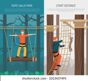 Rope walking park activities with hanging log balance and climbing practice 2 flat vertical banners vector illustration 