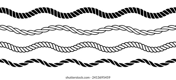 Rope wave set. Repeating hemp cord line collection. Waving chain, braid, plait stripe bundle. Seamless decorative plait pattern. Vector marine twine design elements for banner, poster, frame