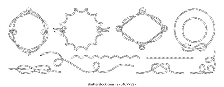 Rope wavy border with circle frame and brush knot shape. String cowboy pattern with vector boarder western and cord knit. Curve braid rope with nautical outline shape