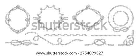 Rope wavy border with circle frame and brush knot shape. String cowboy pattern with vector boarder western and cord knit. Curve braid rope with nautical outline shape