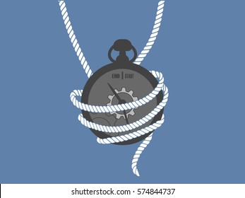 Rope wrapped around clock on blue background. 