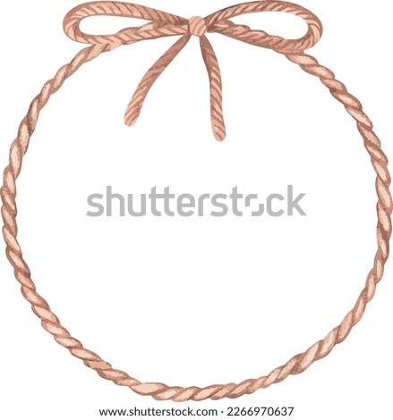 Rope wreath and a bow. Watercolor vector illustration. Round place for text. Isolated on a white background. For the design social network posts, labels, stickers on a marine theme.