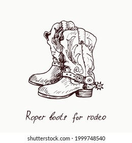 Roper boots for rodeo, woodcutstyle ink drawing illustration with inscription