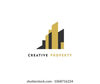 roperty agency logo template. Gold style. Minimalist icon solid elegant style.
