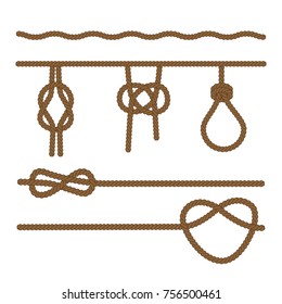 Ropes connected by different kinds of knots,. Vector illustration.