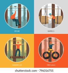 Ropes Course Outdoor Adventure Concept 4 Flat Icons With Zip Line Tour And Tires Walking Vector Illustration 