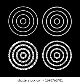 Ropes in the form of circles of different thickness in black and white. Silhouette design. Vector illustration on black background.