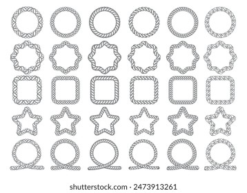 Seile umrahmen die Kollektion. Verschiedene Formen Seeseile Kader, Runde quadratische Sternschnur Rahmen Set isolierte Vektorillustration