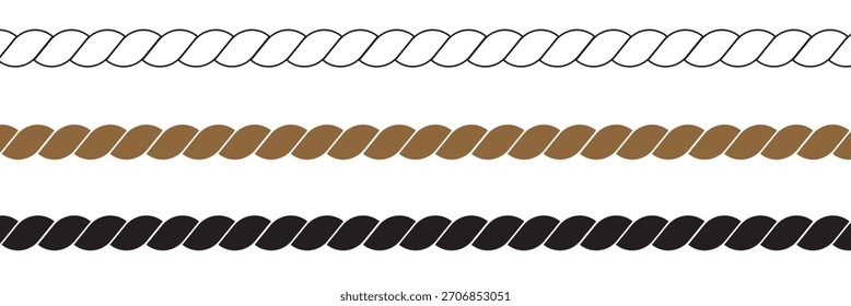 Ropes icon. Rope frame icon vector set. Rope brushes set. Rope seamless pattern vector. Straight, wavy rope brush flat vector illustration. 
