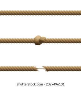 Ropes - intact, with knot and hanging by a thread with frayed tensioned ends held together by a thin string. Isolated vector illustration on white background.
