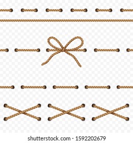 Ropes isolated on transparent background. Vector realistic texture strings, jute, thread or cord with metallic holes. Nautical fiber rope knot.
