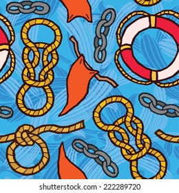 Ropes, knots, flags, lifebuoy - marine rigging - seamless vector pattern