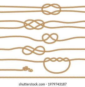 Ropes with loose knots illustration isolated on white background. Vector decorative objects set