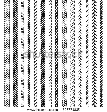 Ropes pattern brushes. Seamless nautical rope and chain stripes isolated on background. Braids and Plaits silhouette collection.