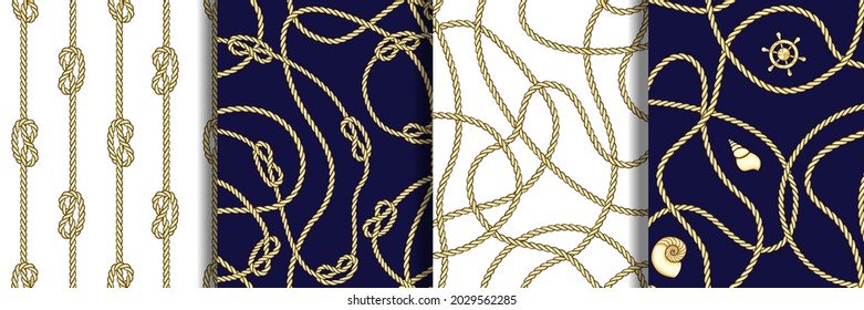 Ropes with Sea Knot and Shells Seamless Patterns Set.