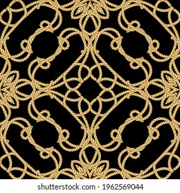 Ropes seamless pattern. Floral ornamental vector background. Repeat decorative gold strings ornaments. Hand drawn colorful textured design with surface ropes, strings, knots, curves, flowers, lines.
