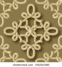 Ropes seamless pattern. Gold 3d vector background. Repeat intricate floral ornaments. Hand drawn textured design with ropes, string, flowers, knots. Ornate Damask style backdrop.