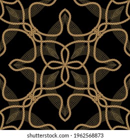 Ropes seamless pattern. Modern ornamental vector greek background. Repeat floral gold strings ornaments. Hand drawn colorful textured design with ropes, strings, knots, greek key, meander, flowers.