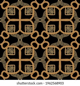 Ropes patrón sin fisuras. Fondo moderno ornamental vectorial de fondo griego. Repetir los ornamentos decorativos de las cuerdas de oro. Diseño texturizado de color dibujado a mano con cuerdas, cuerdas, líneas onduladas, llave griega, serpentines.