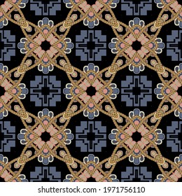 Ropes seamless pattern. Tribal ethnic style ornamental grid background. Vector gold strings and ropes ornaments. Floral design with flowers, geometric shapes. For fabric, prints, textile, wallpapers.