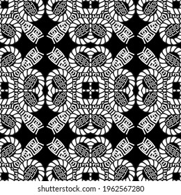 Ropes seamless pattern. Vector ornamental floral background. Repeat tribal ethnic style greek ornament. Textured black and white design with ropes, strings, knots, flowers, shapes. Greek key, meander.