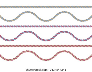 Seile. Satz mehrfarbiger verdrehter 3D-Gewinde.  Realistische Vektorgrafik auf weißem Hintergrund isoliert.