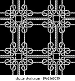 Ropes and strings seamless pattern. Black and white vector background. Repeat plaid tartan knitted ornaments. Hand drawn textured design with cable knittes, ropes, string, stripes, shapes, knots.