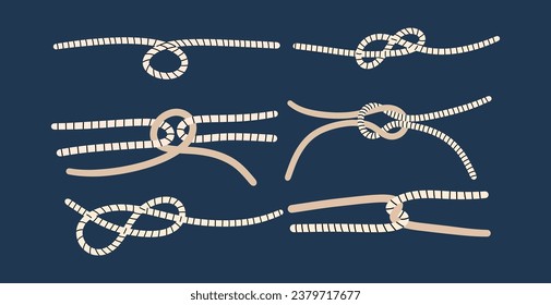 Ropes tied in different knots set. Hand draw vector illustration