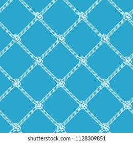 Ropes. Vector seamless pattern with outline rope chain. Fishnet pattern on blue background