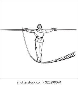 Rope-walker. Stability business concept. Hand drawn vector illustration.