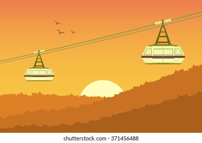 ropeway cabines with forest mountain in the sunset vector