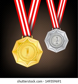 rophy metal first gold and second silver medal black background award ribbon achievement vector illustration