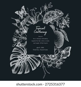 design de moldura de flor ropical em estilo esboço. Animais exóticos, folhas de palma desenhadas à mão ilustração vetorial. Modelo de cartão floral no quadro. Não gerada por IA 