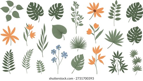 ropical Leaf and Floral Collection, Hand Drawn Botanical Garden Elements, Summer Foliage and Flower Vector Illustration for Creative Nature Design