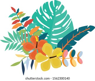 ropical leaves background. Frames and tropical bouquets can be used for scrapbooking decoupage, textile design, clothing, web design, as well as for wallpaper. Tropical leaves and flowers. Vector. 