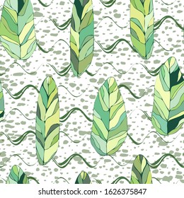 ropical stained glass leaves seamless pattern on grunge wavy stripes background. Exotic background design for cosmetics, textile, hawaiian style shirt. Perfect as wrapping paper, wallpaper. Vector