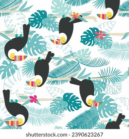 ropical watercolor birds hummingbird, exotic jungle plants leaves flowers, flamingo pastel color seamless fabric background.vector