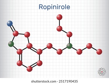 Ropinirole  drug molecule. Used to treat the symptoms of Parkinson's disease. Restless Legs Syndrome RLS. Molecule model. Sheet of paper in a cage. Vector