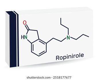 Molécula de medicamento de ropinirole. Usado para tratar os sintomas da doença de Parkinson. Síndrome das Pernas Inquietas. Fórmula química esquelética. Embalagem de papel para drogas. Vetor 