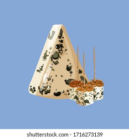 Roquefort blue cheese and canapes appetizer snacks with walnuts. Vector illustration.