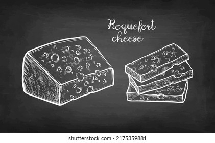 Roquefort cheese. Block and slices. Chalk sketch on blackboard background. Hand drawn vector illustration. Vintage style stroke drawing.