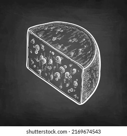 Roquefort cheese. Chalk sketch on blackboard background. Hand drawn vector illustration. Vintage style stroke drawing.