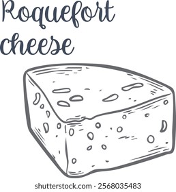 Roquefort cheese drawing. Vector hand-drawn food sketch. Farm market products for labels, poster, icon, packaging. Dairy vintage product