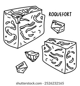 Queijo Roquefort, gorgonzola ou Stilton com bolor nobre, conjunto de ilustrações de doodle destacado em um branco. ilustração plana de um grande pedaço de queijo com pequenas peças separadas do principal